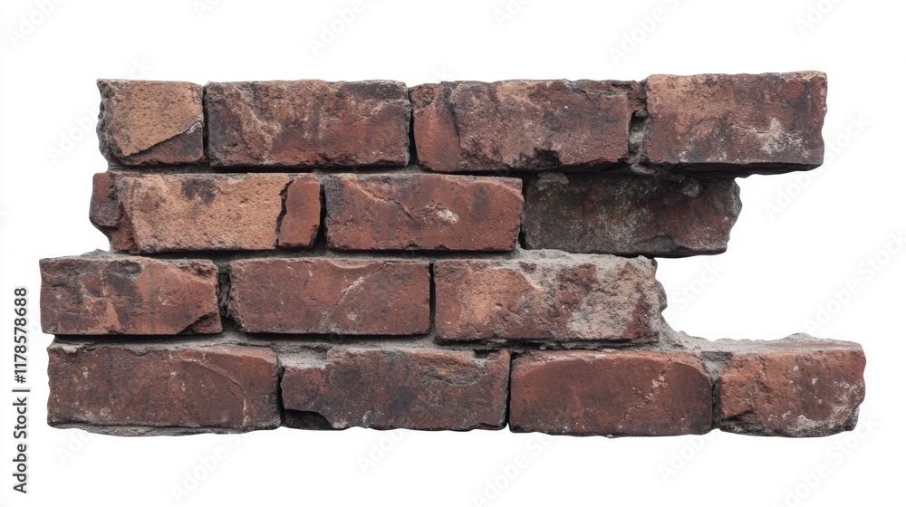Rustic Brown Brick Wall Section: Weathered Texture and Aged Appearance of a Damaged Brickwork Fragment