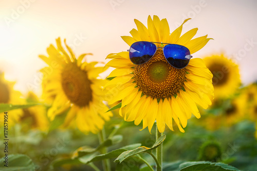 Obraz na płótnie Golden Sunflowers field Wear sunglasses at blooming farm agricultural Summer sunset and bright sun lights background in Thailand w salonie