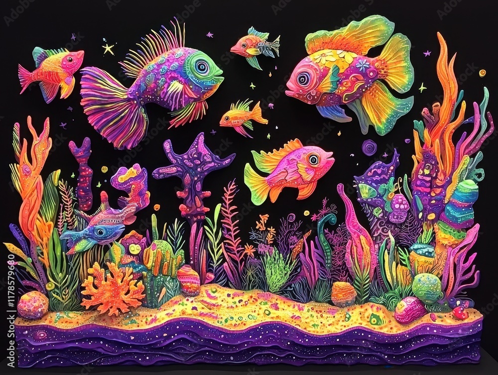 Obraz premium A serene underwater world where glowing coral forms intricate patterns on the ocean floor. Schools of radiant fish swim gracefully through the waters, casting shimmering reflections onto the 