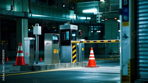Electronic toll collection gate glowing at night, showcasing modern transportation technology and seamless automated payment systems for efficient traffic flow.