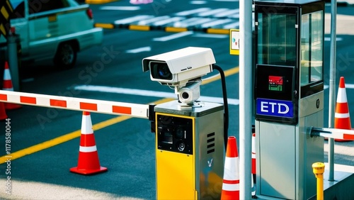 Electronic toll collection gate glowing at night, showcasing modern transportation technology and seamless automated payment systems for efficient traffic flow.