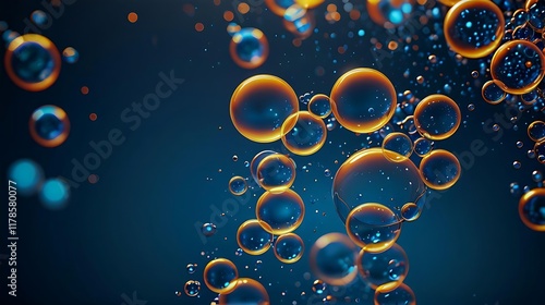 Abstract illustration with blurry gradients of blues metalic and orange bubble shiny, creating a soothing and harmonious visual effect.