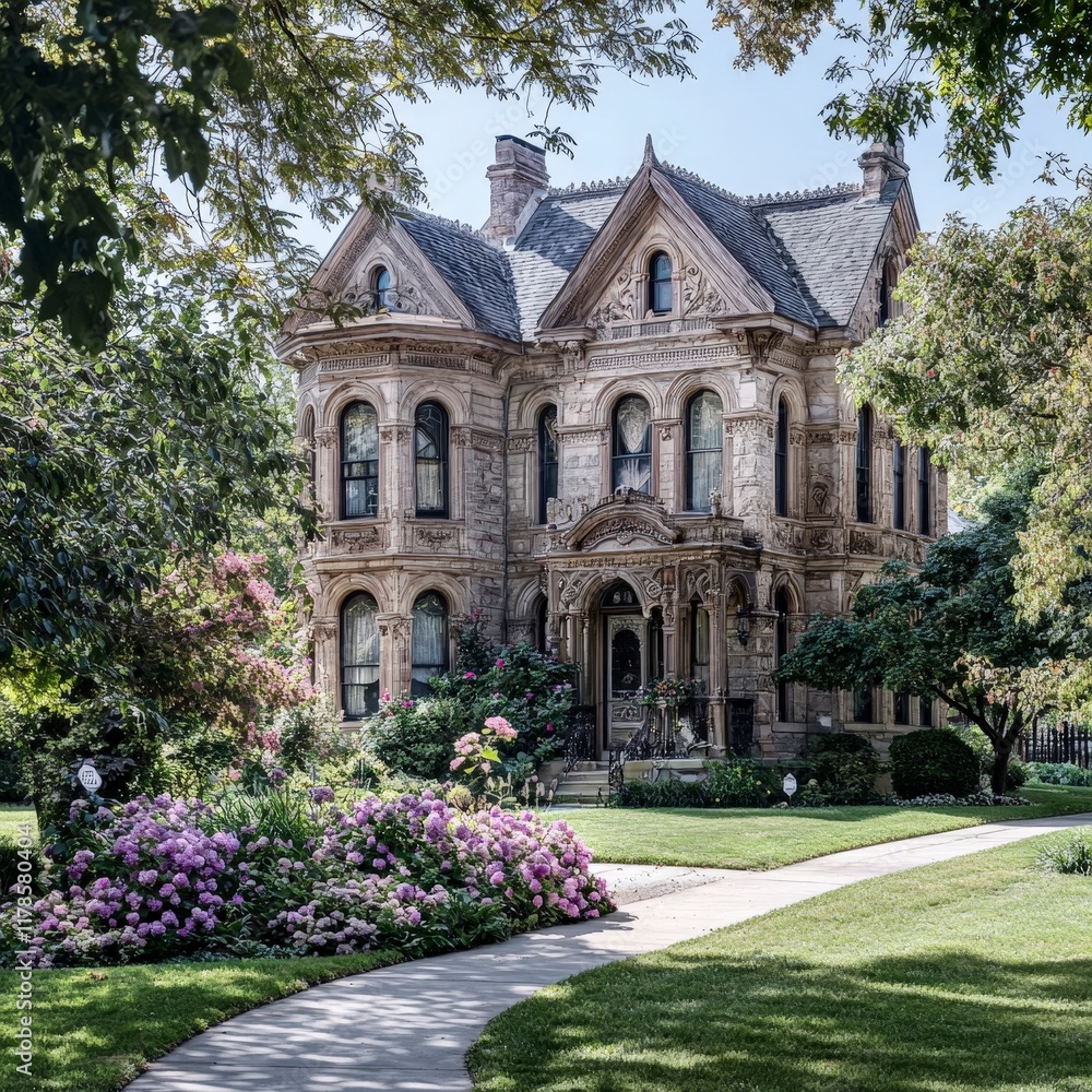 Naklejka premium Victorian Mansion Stone House Grand Home Estate Luxury Real Estate Architecture Gard
