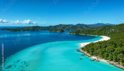  Aerial view of Fraser Island’s crystal-clear Lake McKenzie.  White sandy beaches surrounded by lush green rainforest. Vibrant blue sky reflecting on the water.  Serene and untouched natural beauty.