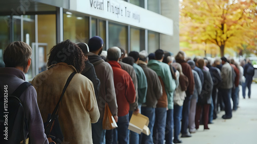 Line of people outside unemployment office, reflecting the challenges and resilience of individuals facing economic hardship, community solidarity in uncertain times.
