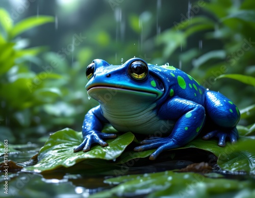 Blue Frog in Rain: A Lush, Vibrant Rainforest Scene photo