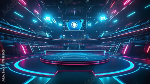 Futuristic esports arena with neon lights and a central stage.