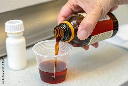 hand pour cough syrup in measure cup. Taking cough medication