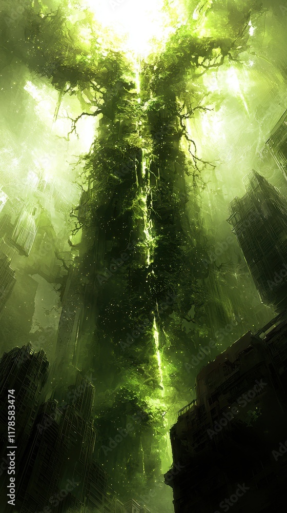 Fototapeta premium A celestial forest where radiant vines hang from glowing trees, forming intricate patterns of light. Streams of liquid stardust flow gently through the forest floor, creating a serene and magical