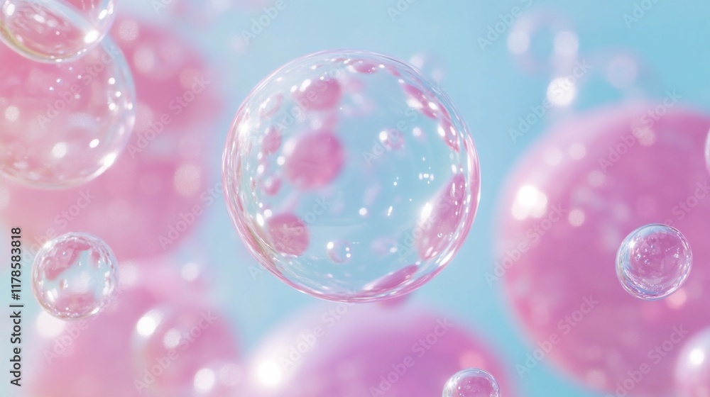 Floating pastel pink and transparent bubbles on a light blue background. Floating pastel pink and transparent bubbles on a light blue background.