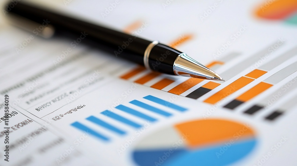Pen rests on financial report with charts and graphs. Pen rests on financial report with charts and graphs.