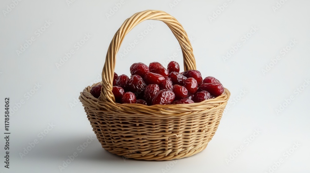 Chinese dried red dates fruit in wicker gift basket. Healthy blessings. Chinese dried red dates fruit in wicker gift basket. Healthy blessings.