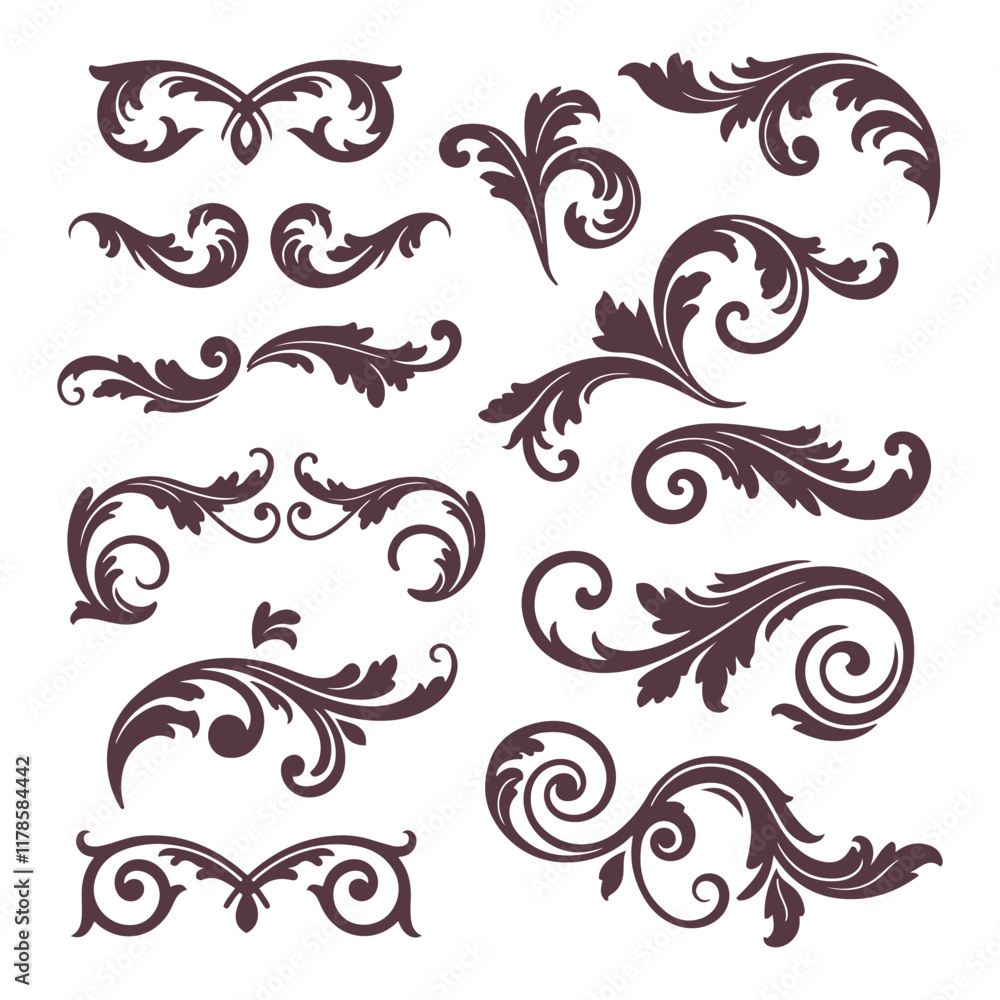 elegant Floral Swirl Ornament set icon vector silhouette Collection Intricate Decorative Elements in Pink for Invitations Branding and Craft Projects elegant Floral Swirl Ornament set icon vector silhouette Collection Intricate Decorative Elements in Pink for Invitations Branding and Craft Projects