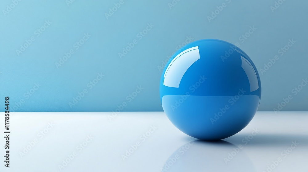Shiny blue sphere on white surface against light blue background. Shiny blue sphere on white surface against light blue background.