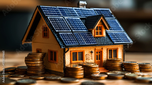 Solar Panel House Model with Coins: Investment in Sustainable Home Energy photo