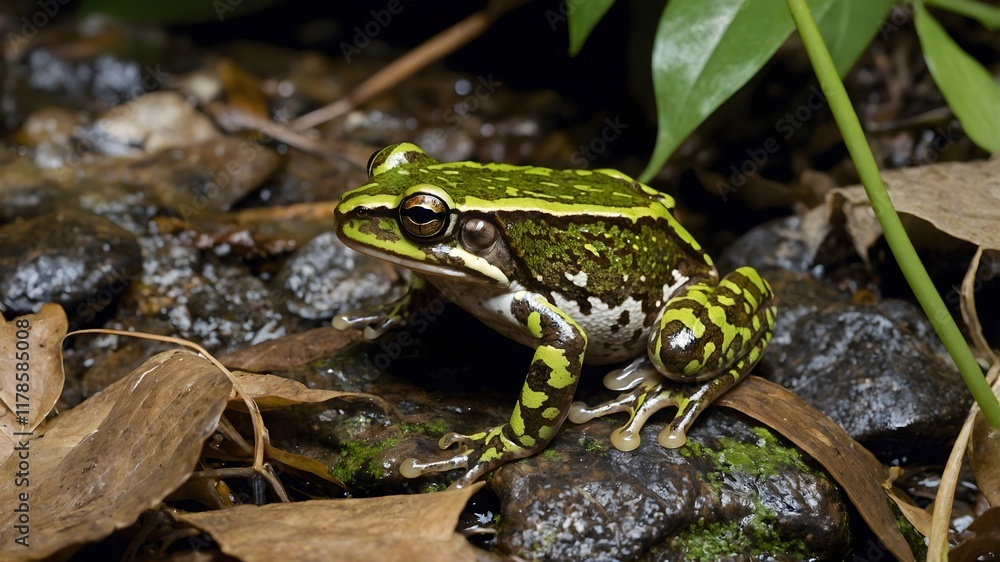 Fototapeta premium Eungella Torrent Frog Enjoying a Peaceful Rainy Day in the Rainforest