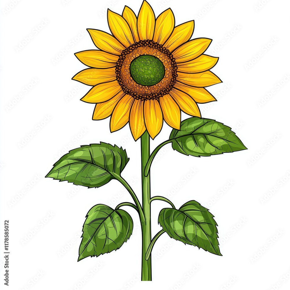 Naklejka premium Vibrant Sunflower: A Close-Up of a Blooming Sunflower, Showcasing its Golden Petals and Lush Green Leaves