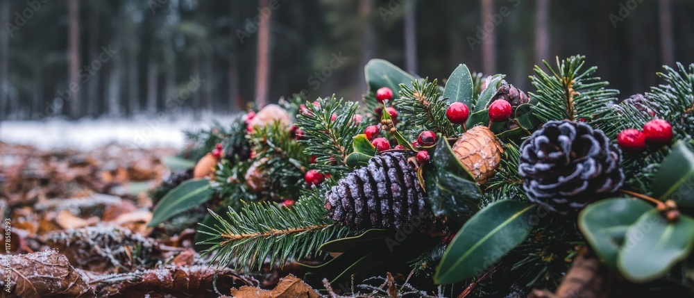 Fototapeta premium Festive Winter Wreath Pine Cones Berries Evergreen