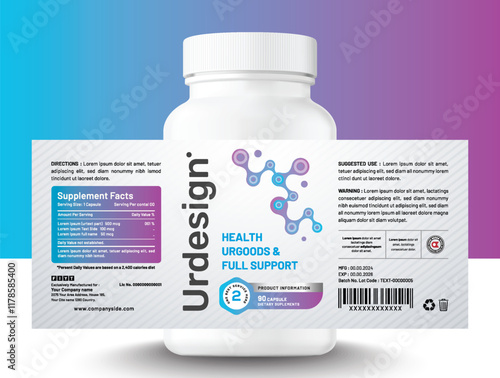 Innovative modern design for organic healthcare food supplement and vitamin bottle product labels, clean and neon gradient look.