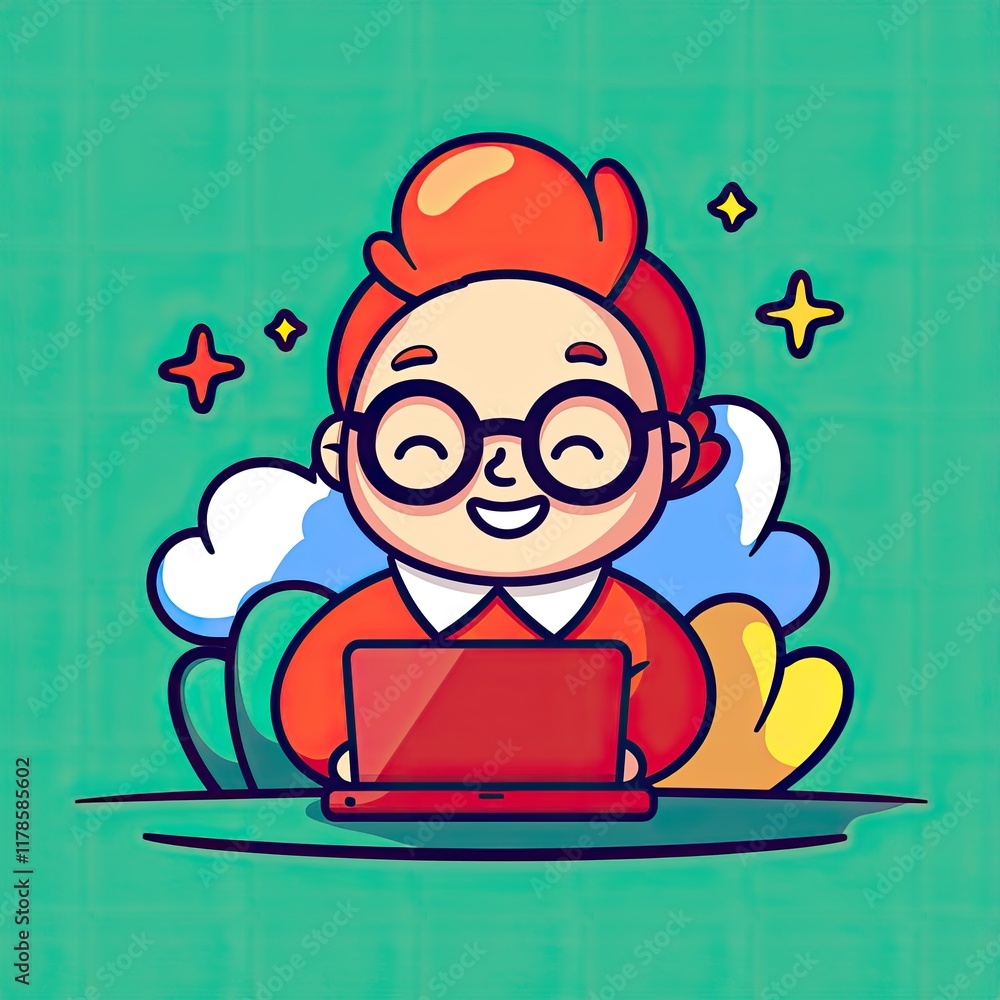 Happy Cartoon Kid with Glasses Using Laptop Computer Digital Illustration Happy Cartoon Kid with Glasses Using Laptop Computer Digital Illustration
