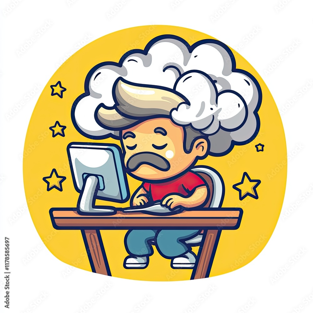 Tired Cartoon Man with Cloud Head Working on Computer Desk Tired Cartoon Man with Cloud Head Working on Computer Desk