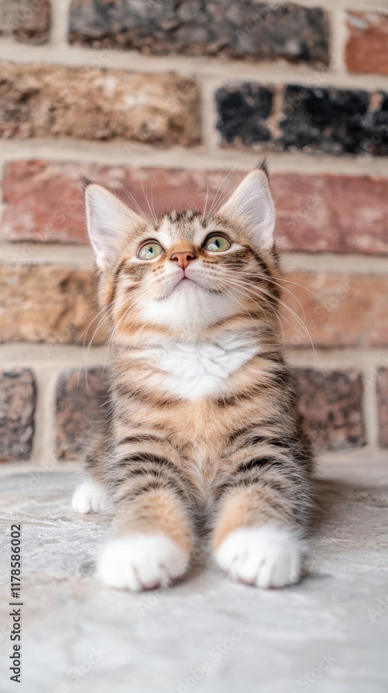 Adorable Kitten Fluffy Pet Cute Cat Brown Tabby Paws Brick Background Adorable Kitten Fluffy Pet Cute Cat Brown Tabby Paws Brick Background