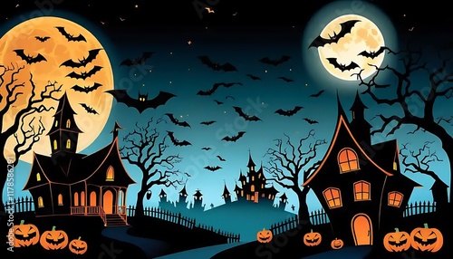 Spooky Halloween Night Houses Bats Moons Pumpkins photo