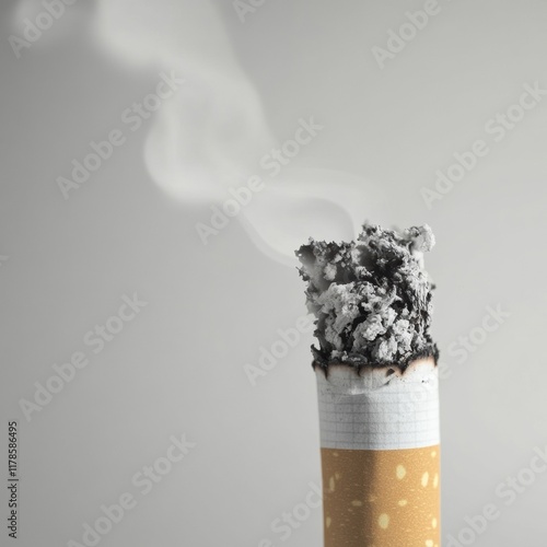 A Close-Up Shot of a Burning Cigarette with Smoke Rising Against a Neutral Background photo