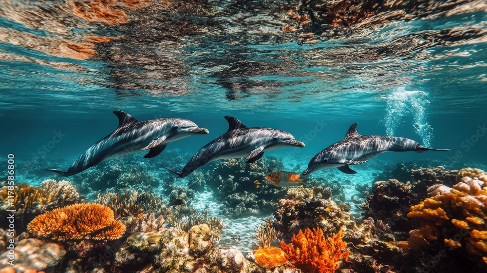 Fototapeta premium Dolphins swimming above a vibrant coral reef