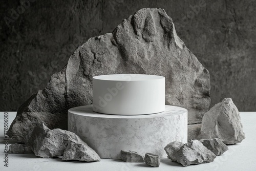 Rock stone podium surrounded by rough gray stone fragments. Studio Background with nature light and shadow on grey sea rock stage mockup. Minimalist background for cosmetics present. Generated by AI. photo