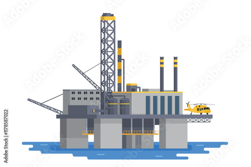 Offshore Oil Rig Illustration with Chimneys and Structures on water. Editable Vector Element on White Background