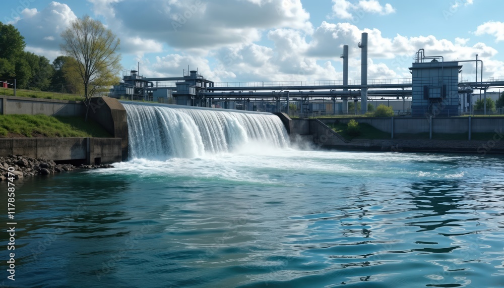 Water cascades over dam at water treatment plant. Modern industrial facility processes water. Clean water flows from plant into canal. Eco-friendly tech water purification, resource management.
