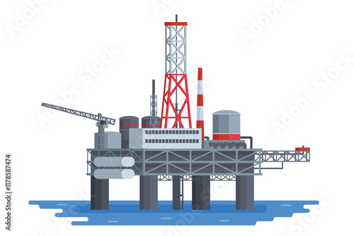 Offshore Oil Rig Illustration with Chimneys and Structures on water. Editable Vector Element on White Background