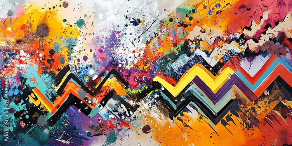 Energetic abstract painting featuring bold zigzag patterns and vivid splashes of color, creating a dynamic and lively composition. Energetic abstract painting featuring bold zigzag patterns and vivid splashes of color, creating a dynamic and lively composition.