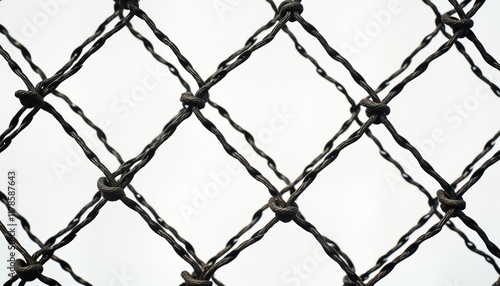 Close-up view of square wire mesh fence. Dark gray metal wires create diamond-shaped pattern. Knots secure wire mesh. Transparent background isolates texture. Design ideal for wallpaper graphic photo