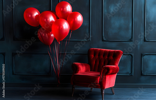 Luxurious red chair stands against a dramatic dark wall accompanied by floating red balloons filled with elegance photo