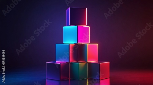 Modern 3D Illustration of Tiered Structure with Colorful Neon Lighting