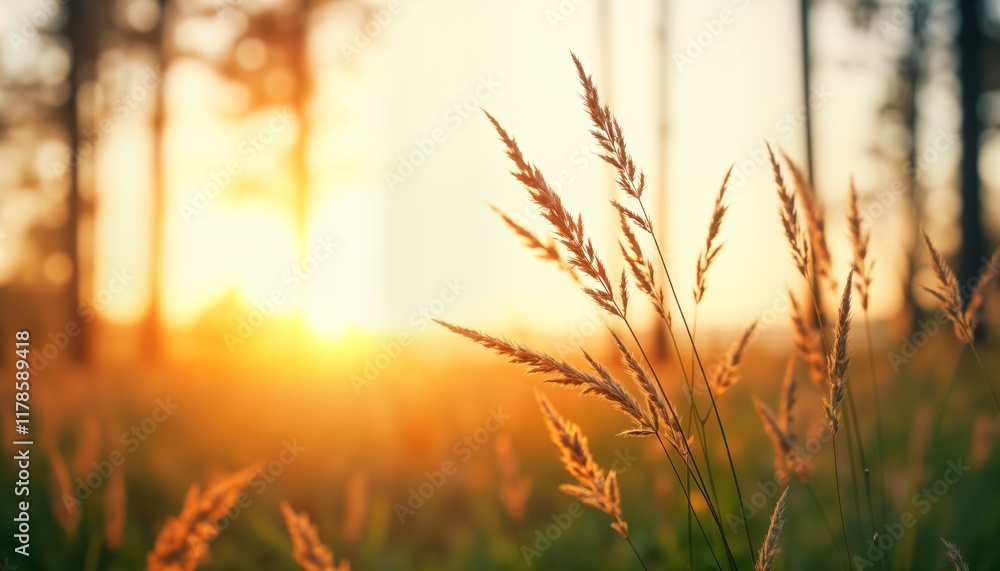 Wild grasses in forest at sunset. Closeup view shows details of grass blades. Golden light bathes scene. Blurred background shows trees, grass. Perfect image for nature lover. Great photo for Wild grasses in forest at sunset. Closeup view shows details of grass blades. Golden light bathes scene. Blurred background shows trees, grass. Perfect image for nature lover. Great photo for