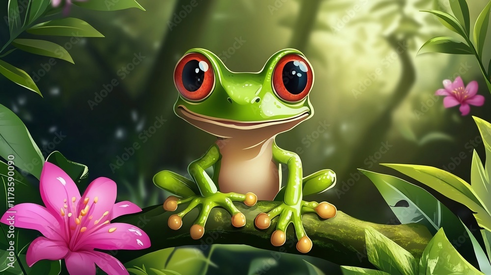Adorable red-eyed tree frog on branch in lush rainforest. Adorable red-eyed tree frog on branch in lush rainforest.