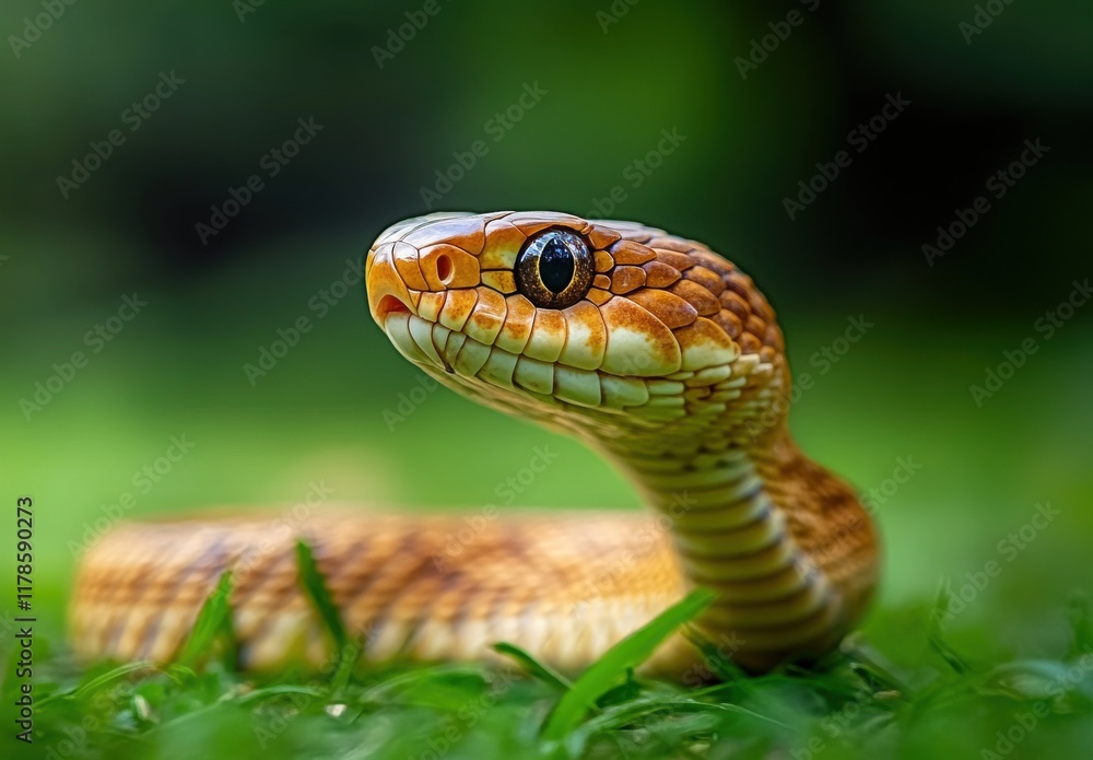Captivating Close-Up of a Colorful Snake with Intricate Patterns Gliding Across a Lush Green Background, Showcasing Its Beautiful Scales and Sharp Features Captivating Close-Up of a Colorful Snake with Intricate Patterns Gliding Across a Lush Green Background, Showcasing Its Beautiful Scales and Sharp Features