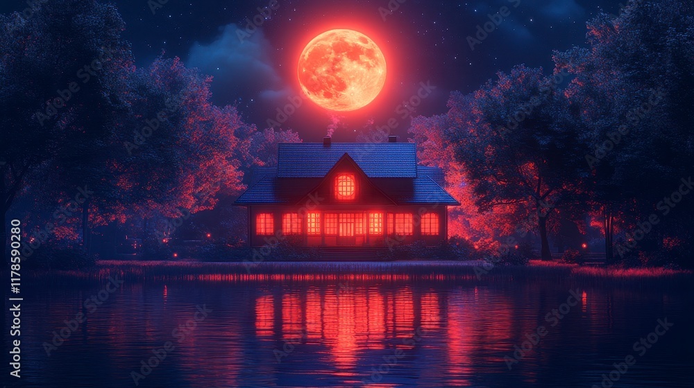Illuminated house by lake under blood moon. Illuminated house by lake under blood moon.