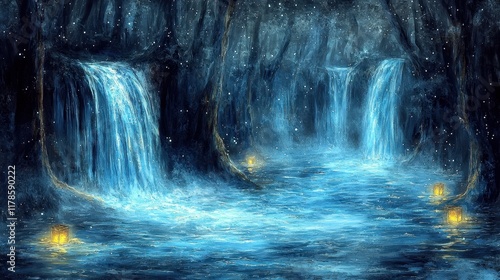 A mystical canyon illuminated by glowing waterfalls that flow into radiant pools. Floating lanterns drift along the canyon’s rivers, casting soft light onto the shimmering cliffs adorned with 