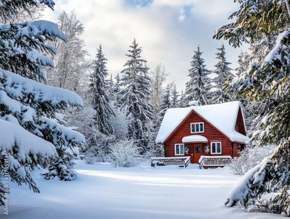 Winter house scene with snow covered trees. Winter house scene with snow covered trees.