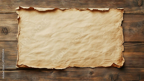 A flat sheet of old paper, with creases in the corners and edges, lying on an empty wooden tabletop. The background is plain brown wood.