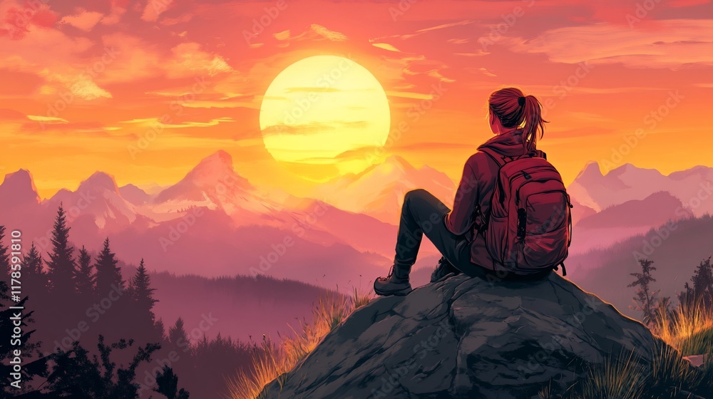 Obraz premium Woman hiker rests on mountain peak, enjoying sunset.
