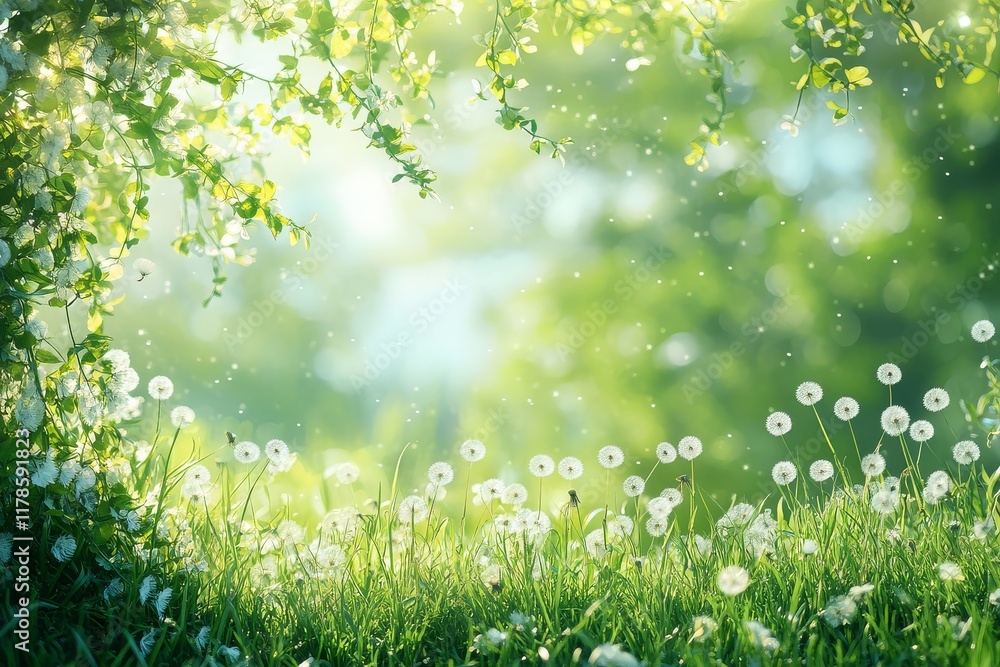 A serene spring foreground filled with dandelions, their white petals floating above a lush meadow, bathed in soft sunlight and adorned with sparkling green grass. A serene spring foreground filled with dandelions, their white petals floating above a lush meadow, bathed in soft sunlight and adorned with sparkling green grass.