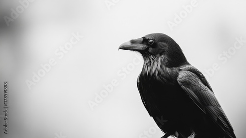 A striking black and white portrait of a raven showcasing intricate details in its feathers and sharp beak. This image captures the bird's serene presence. photo