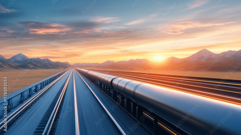 Fototapeta premium Modern High-Speed Train Racing Through Scenic Landscape at Sunset with Mountains and Clear Sky