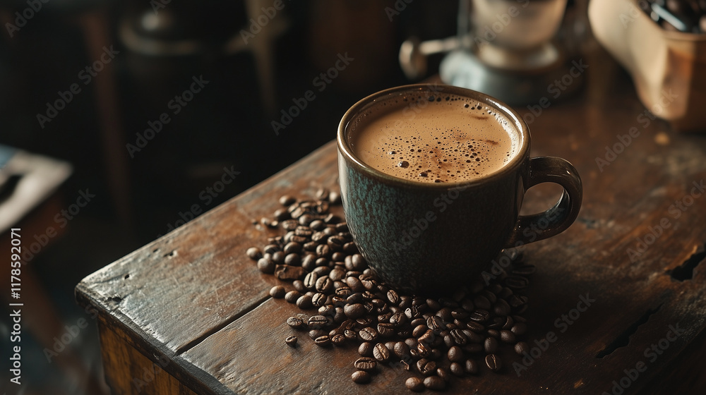 コーヒーが入った和食器のマグカップの周りにコーヒー豆が散らばっている アンティークな木製の机の上