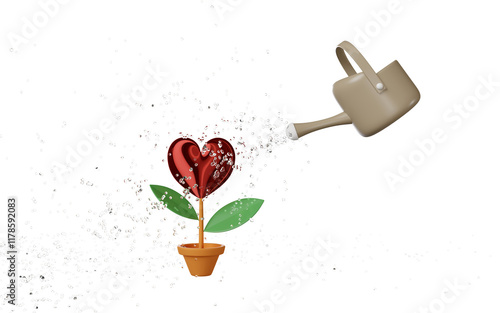 3d brown watering can with metal red heart shaped plant isolated. stout love, love flourishes, valentine day concept, 3d illustration render photo